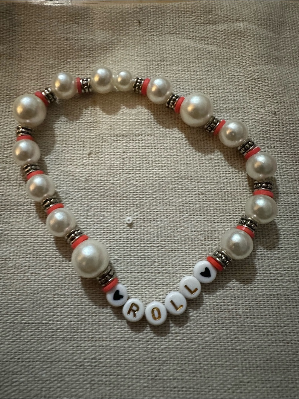 Pearl Bead 'ROLL' Stretch Bracelet with Coral Accent